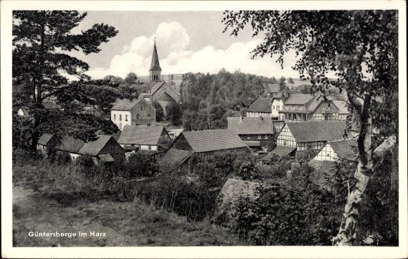 Ak Güntersberge Harzgerode am Harz, Ortsansicht, Kirche, Fachwerkhäuser