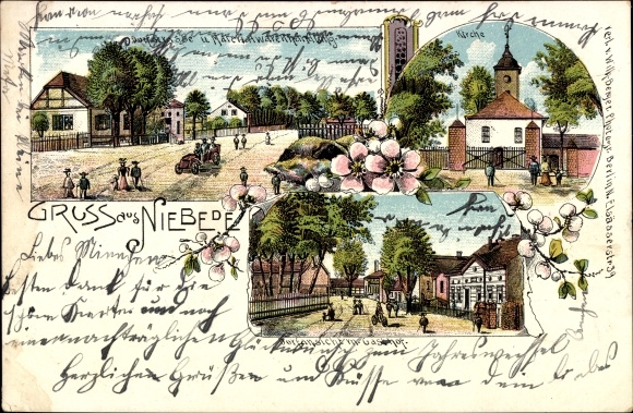 Litho Niebede Wachow Nauen im Havelland, Kirche, Gasthof, Geschäftshaus