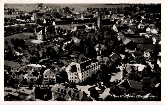 Postcard Bad Wörishofen in Unterallgäu, aerial photograph, Kneippkurhotel Sproll