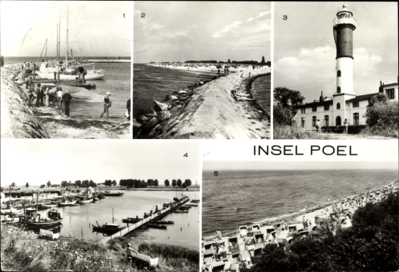 Postcard Insel Poel Mecklenburg, pier and lighthouse Timmendorf, port Kirchdorf, Schwarzer Busch beach