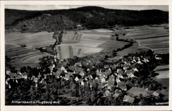 Postcard Almersbach im Westerwald, View of Almersbach from an airplane, village and fields visible