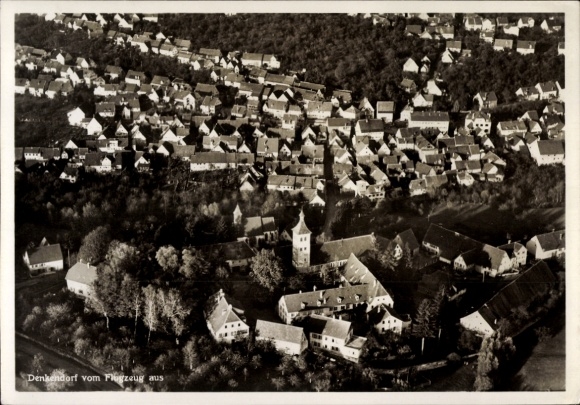 Postcard Denkendorf in Württemberg, aerial view of numerous roofs visible, rural surroundings