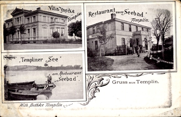 Ak Templin in der Uckermark, Villa Jhrcke, Restaurant zum Seebad, Templiner See, Gruss aus Templi