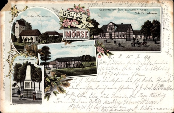 Chromo-Litho Mörse Wolfsburg in Lower Saxony, inn Liebmann, church, schoolhouse, monument