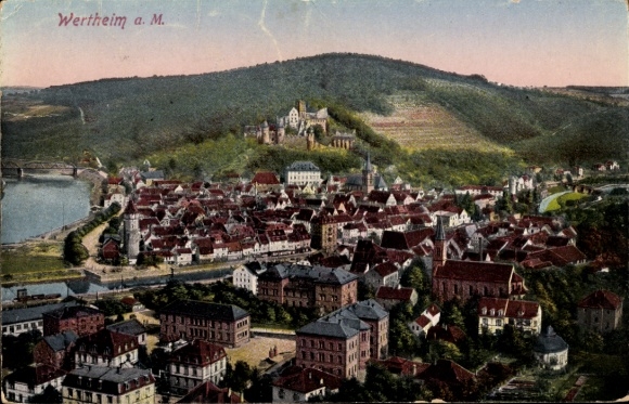 Postcard Wertheim am Main, aerial view of Wertheim, river, mountains, city view