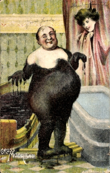 Artist Postcard Greetings from Moorbad, fat man, spa