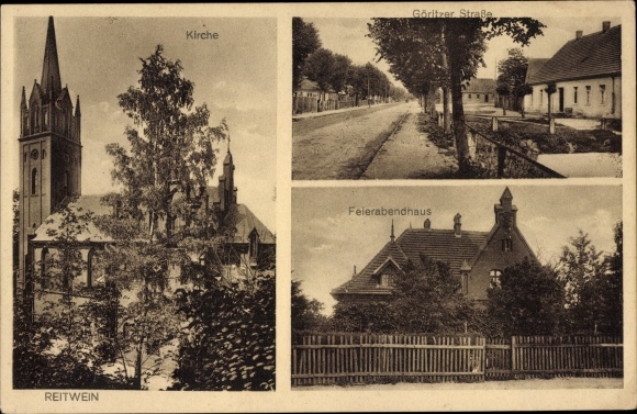 Postcard Reitwein in Brandenburg, church, Görlitzer Strasse, after-work house