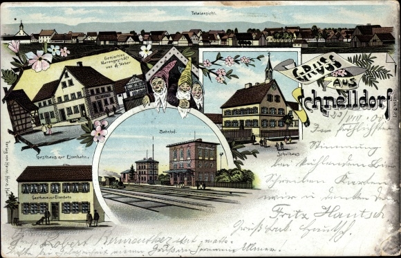 Litho Schnelldorf in der Frankenhöhe Bayern, Bahnhof, Gleisseite, Schule, Gasthaus