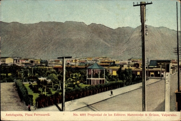 Postcard Antofagasta Chile, Plaza Ferrocarril, colorful landscape, building, street