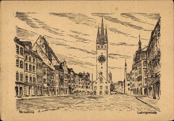 Ak Straubing an der Donau Niederbayern, Ludwigsplatz,   Architektur, Glockenturm