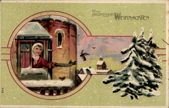 Postcard Merry Christmas, child at the window feeding birds