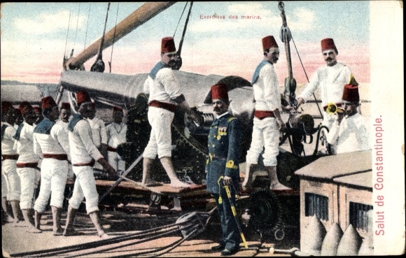 Postcard Constantinople Istanbul Turkey, Exercises des marins, Turkish sailors at the gun