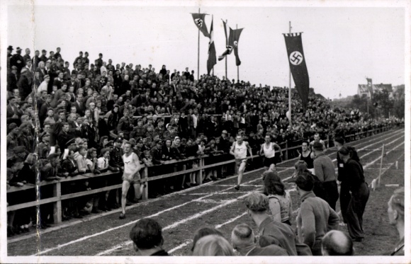 Photo Postcard sports festival, run, grandstand, spectators, finish