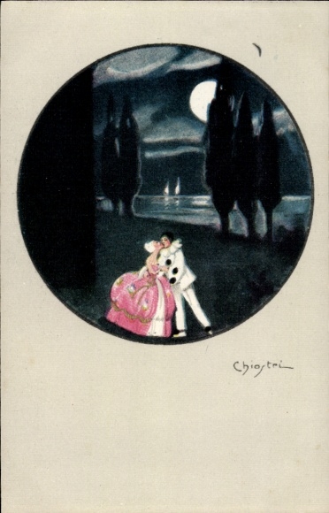 Moonlight artist Postcard lovers, kiss, harlequin