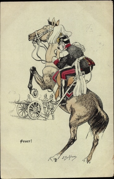 Künstler Ak Schlemo, E., Feuer, Pferd erschrickt durch Kanonenschuss, Soldat