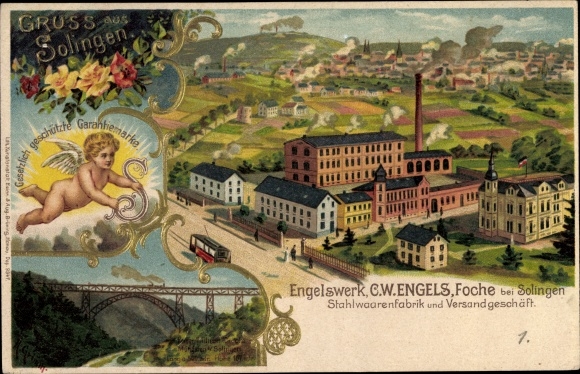 Goudlitho met reliëf Foche Solingen in Noordrijn-Westfalen, Engelswerk, Stahl, Kaiser-Wilhelm-brug