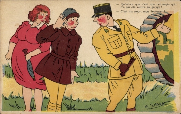 Künstler Ak Spahn, dicke Frau in einem roten Kleid, Französische Soldaten, Panzer