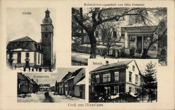 Ak Hörselgau Hörsel in Thüringen, Kirche, Kolonialwarengeschäft, Riedstraße, Schule, Gruß aus Hör