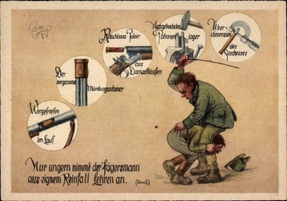 Artist Postcard Geilfus, The hunter's man is reluctant to accept lessons from his own failure, hunter's primer
