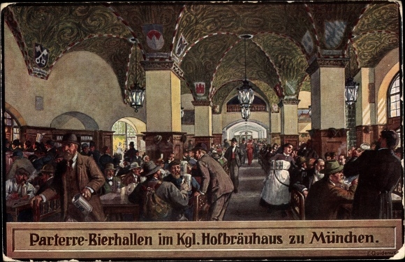 Artist Postcard Quidenus, Fritz, Munich Bavaria, Hofbräuhaus, parterre beer halls