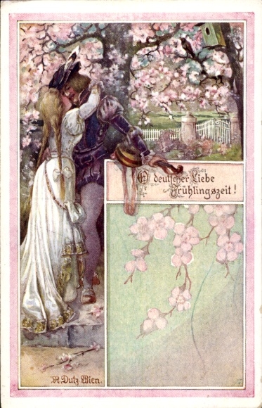 Kunstenaarskaart Dutz, Rud., O Duitse liefde Lente, kussende geliefden