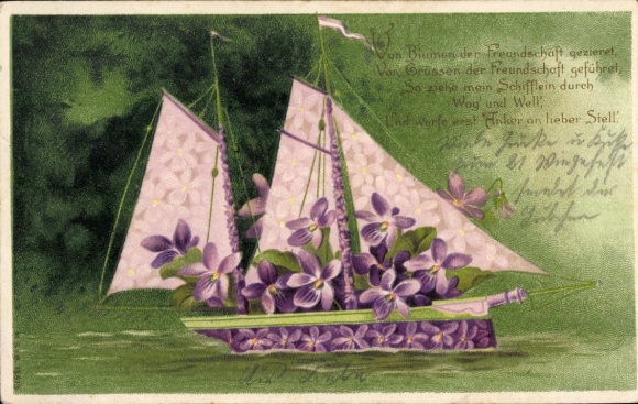 Embossed litho violet sailing boat, flower image, Amitié reste