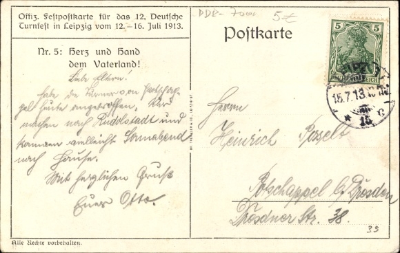 Artist Chromo-Litho Liebing, Leipzig in Saxony, 12th German Gymnastics Festival 1913, heart and hand to the fatherland