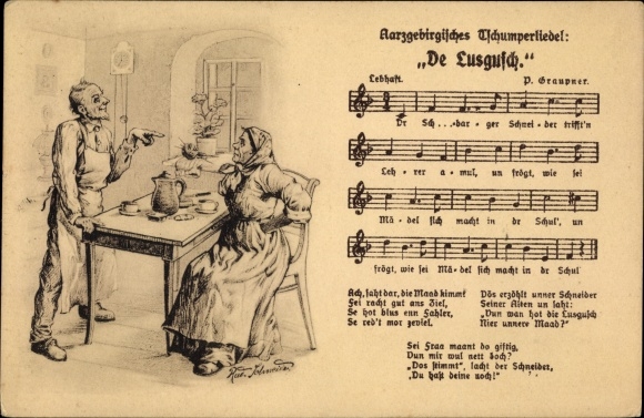 Song artists Postcard Schneider, Rud., Aarzgebirge Tschumperliedel, De Lusgusch, P. Graupner