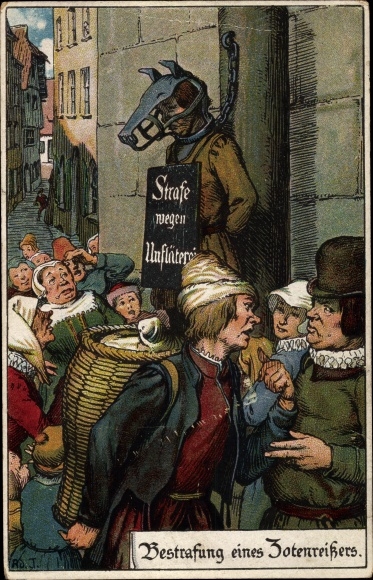 Künstler Litho Jodolfi, Bestrafung eines Zotenreißers, Hundemaske, Strafe wegen Unfläterei