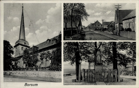 Postcard Borsum Harsum in Lower Saxony, church, war memorial, street section
