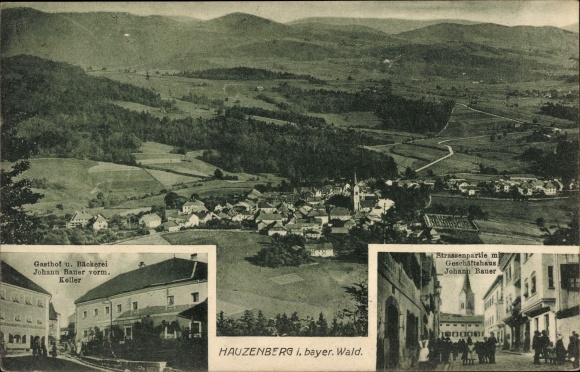 Ak Hauzenberg im Bayerischen Wald, Geschäftshaus, Gasthof, Blick auf den Ort
