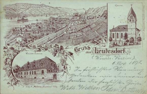 Chromo-Litho Leutesdorf am Mittelrhein, Panorama, Winegrowers' Association, Church