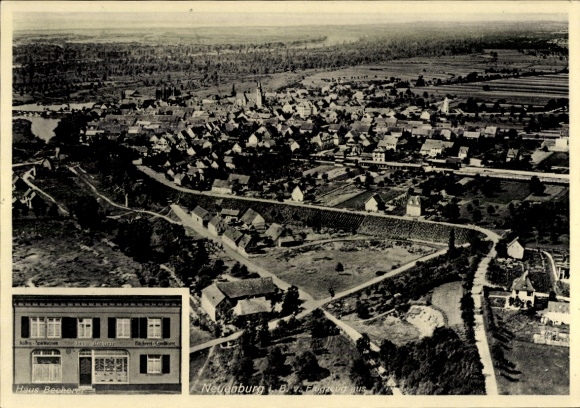 Postcard Neuenburg am Rhein Baden, aerial photograph, bakery and pastry shop Cafe Josef Becherer