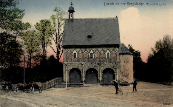 Postcard Lorsch on the Bergstraße Hesse, Michaeliskapelle, two horses, two people
