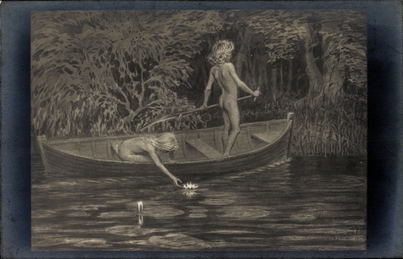 Art Nouveau kunstenaar Ak Fidus, waterlelies, natuurkinderen, boot nr. 50