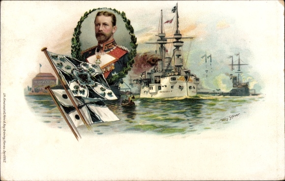 Kunstenaar Litho Stöwer, Willy, Duits oorlogsschip, SMS Duitsland, vlaggenschip, prins Heinrich