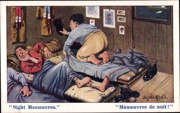 Artist PC McGill, D., Night Maneuvers, British soldiers getting up, uniform, shoes