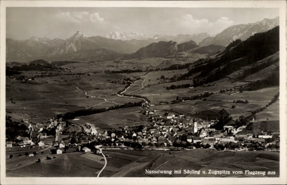 Postcard Nesselwang in Allgäu, aerial photograph, Säuling, Zugspitze