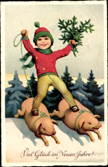 Postcard Happy New Year, boy stands on two pigs