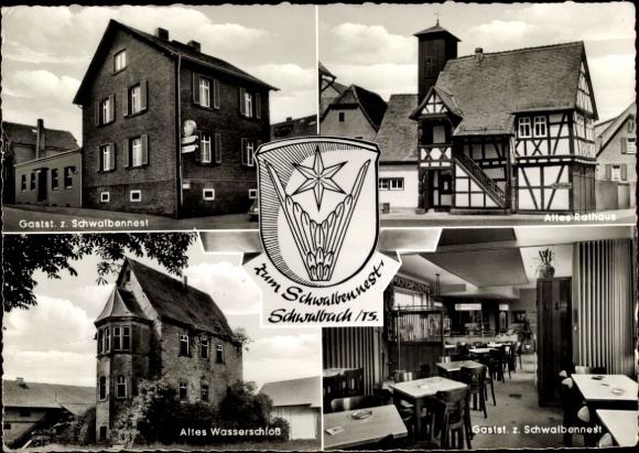 Postcard Schwalbach am Taunus Hesse, coat of arms, Zum Schwalbennest, old town hall, old moated castle
