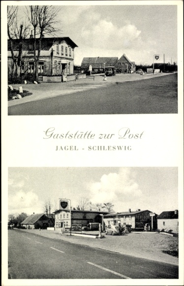 Postcard Jagel in Schleswig Holstein, Restaurant zur Post, JAGEL, street view, restaurant, gas station