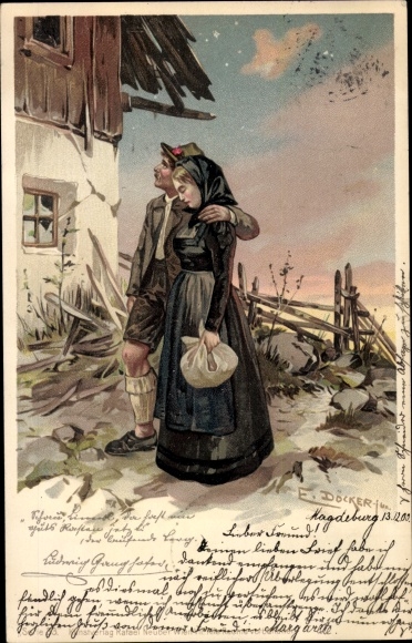 Kunstenaar litho Döcker, E, boerenpaar, Ludwig Ganghofer