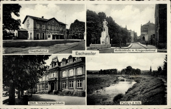 Postcard Eschweiler North Rhine Westphalia, Moltkestrasse, war memorial, main train station, administration building
