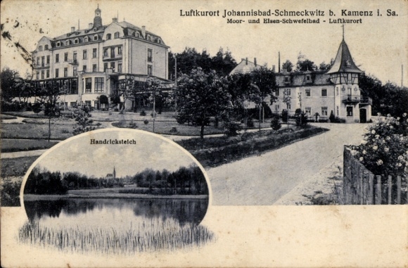 Ak Kamenz in Sachsen, Luftkurort, Moor- und Elsen-Schwefelbad, Gebäudeansicht, Landschaft