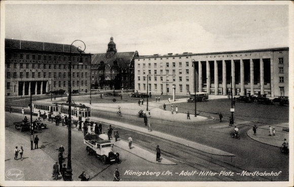 Ak Kaliningrad Königsberg Ostpreußen, Adolf-Hitler-Platz, Nordbahnhof, Straßenbahn, LKW
