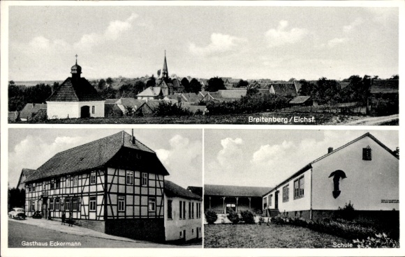 Ak Breitenberg Duderstadt im Eichsfeld, Totale mit Kirche, Gasthaus Eckermann, Schule