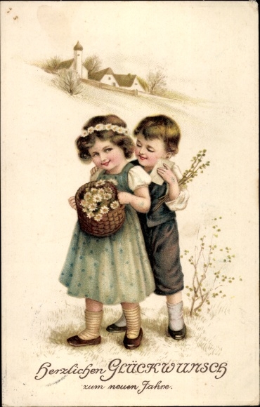 Embossed Postcard Congratulations New Year, flower basket, girl, boy, snow landscape