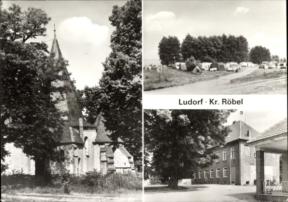 Postcard Ludorf an der Müritz Mecklenburg, village church, campsite, community council, restaurant