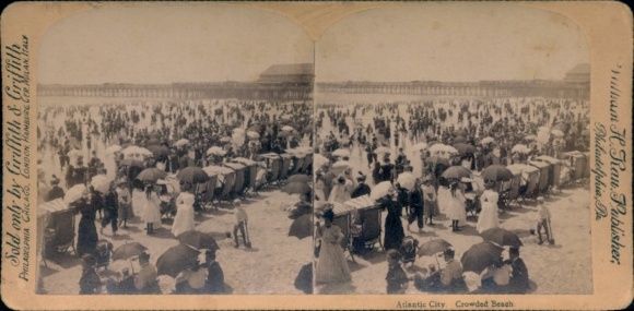 Stereo photo Atlantic City New Jersey USA, Crowded Beach