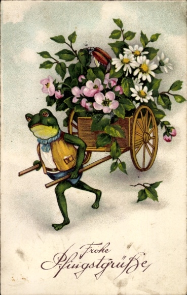 Postcard congratulations Pentecost, frog, wheelbarrow, flowers